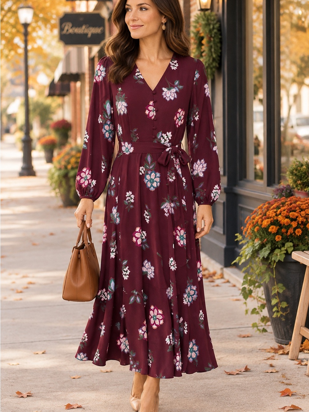 Talbots Purple Burgundy Floral Midi Dress with Tie Waist
